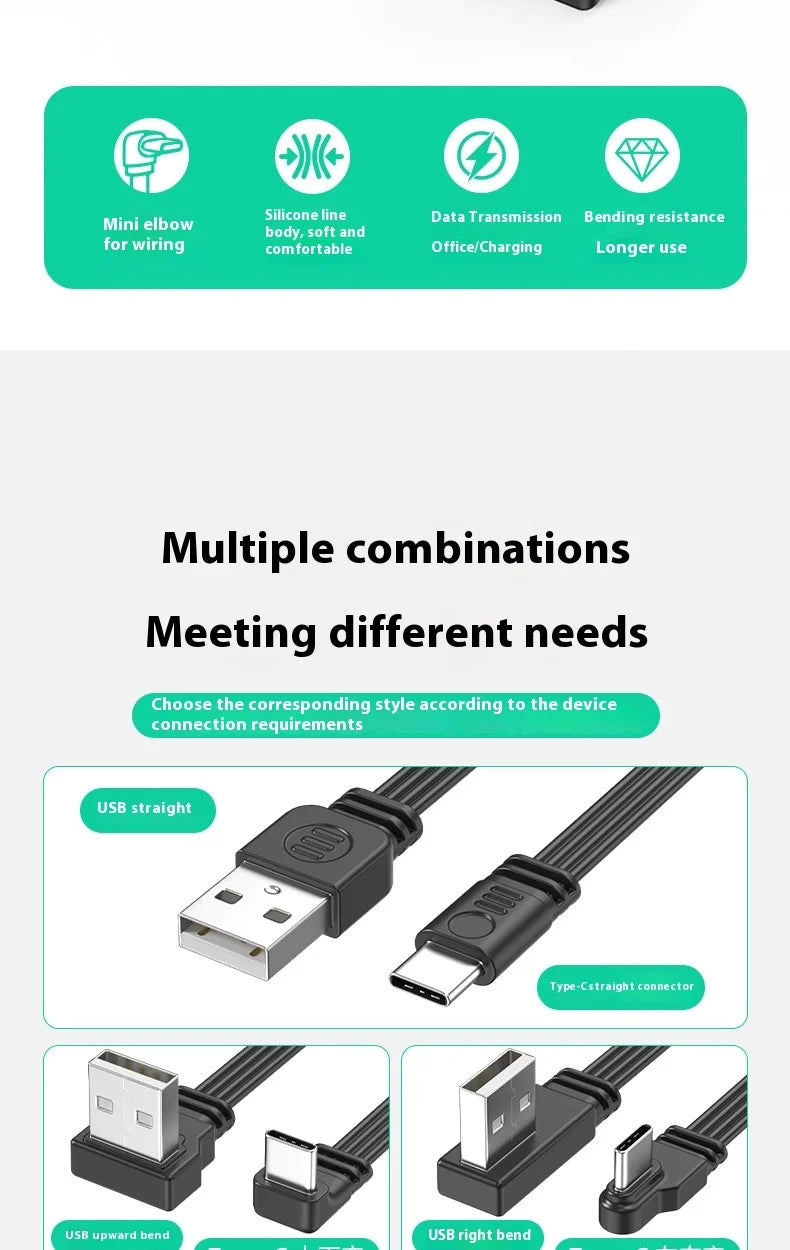 USB to TypeC data cable with left and right bend wires 2.0 transmission, 2A power supply, TypeC flat silicone cable