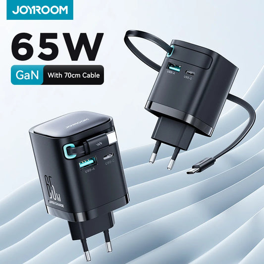 Joyroom PD 3.0 65W GaN Charger with Retractable USB C Cable Desktop Charger EU Plug Fast Charging For iPhone 16 15 Tablet Laptop