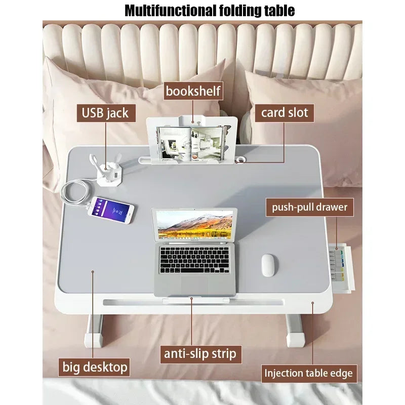 Foldable Lift Laptop Desk for Bed Adjustable Stand Portable Lap Table Breakfast Tray Desk with Drawer for Eating Working Gaming