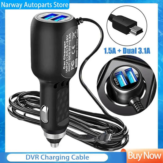 12V DVR Charging Cable Dash Cam Car Charger Mini USB Cable 3.5M Power Cord Supply For DVR Camera GPS