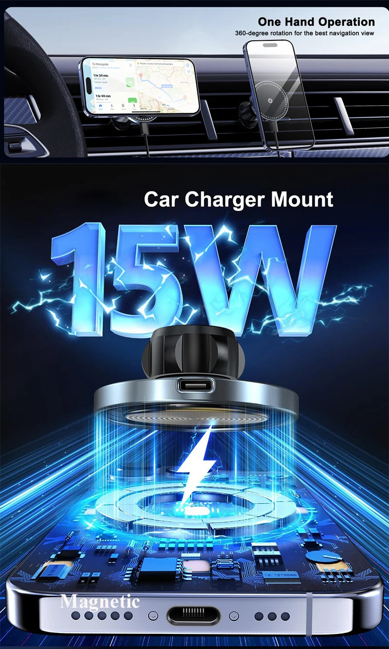 UYUXIO Strong Magnetic Wireless Car Phone Charger Adapter 15W Air Vent Car Phone Holder for iPhone 16 15 14 13 Pro Max Plus 12