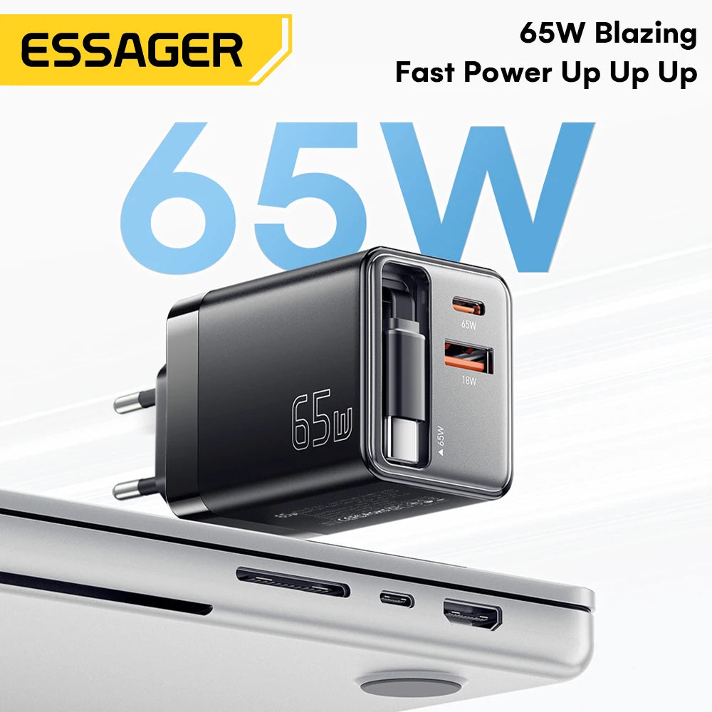 Essager 65W GaN Charger with Retractable Cable PD Fast Charging for Laptop Macbook iPhone 16 15 14 Xiaomi Type-C Phone Charger