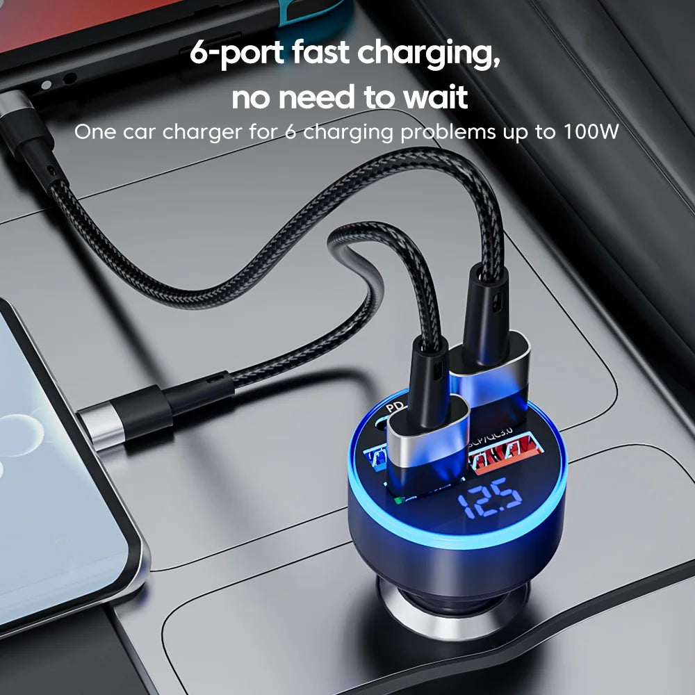 100W 6 Ports Car Charger Fast Charging USB Type C Car Lighter PD QC3.0 Car Phone Charger For iPhone Samsung Huawei Xiaomi