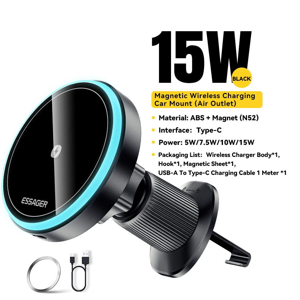 Essager Magnetic Car Phone Holder 15W Wireless Charger Stand For iPhone 15 14 13 Pro Max Car Mount Charger for Magsafe LED Light