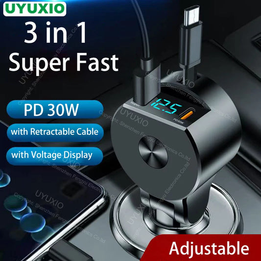 USB C Car Charger 65W Super Fast Charge with Voltage Display PD 30W Retractable Type C Cable for iPhone 16 Pro Max 15 Samsung