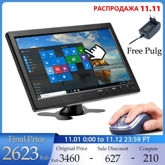 New! 10.1" LCD HD PC Monitor Mini TV Computer Display 2 Channel Video Input Portable Security Monitor With Speaker HDMI VGA