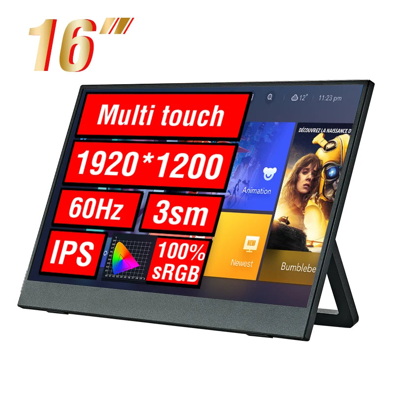 Anmite 16-Inch Portable Touch Monitor 1200P HDR 16:10 Low Blue Light For XBox PS4 / 5 Switch Cell Phone PC Loptop Extension