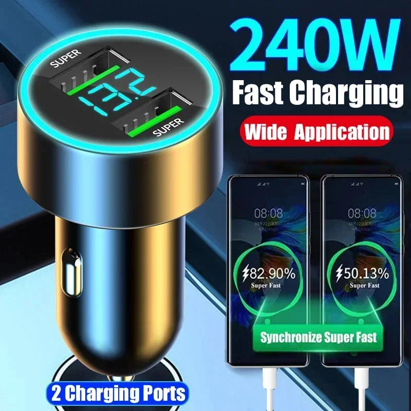 240W Car Charger Dual USB Ports 120W Super Fast Charging with Digital Display Quick Charging Adapter for IPhone Samsung Xiaomi