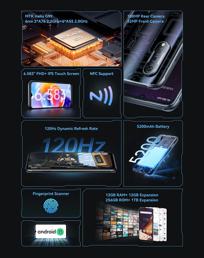 Cubot X70, Smartphone Android 13, Helio G99, Octa-Core, 120Hz 6.583 Inch Screen, 24GB RAM(12+12GB), 256GB ROM, 100MP Camera, NFC