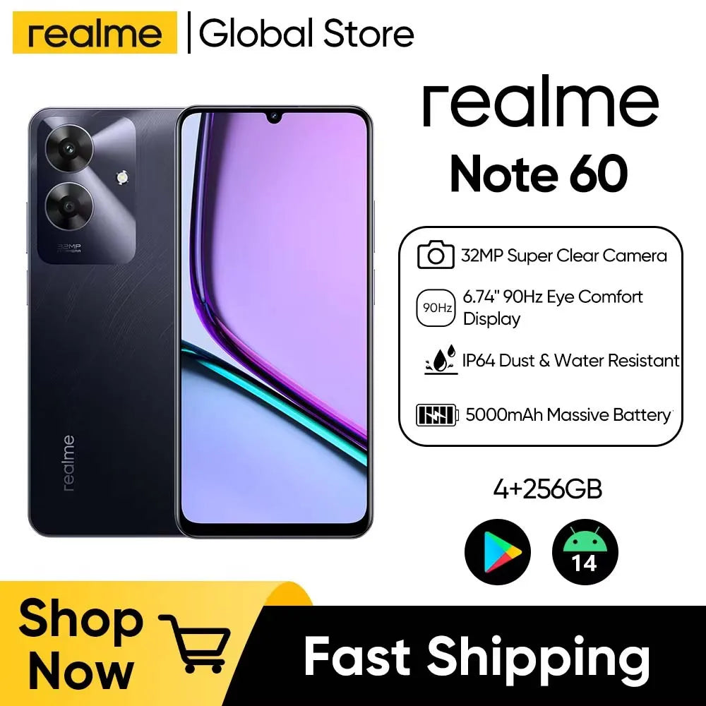 realme Note 60 6.74'' 90Hz Display 32MP Super Clear Camera 5000mAh Battery 4GB+256GB Drop Resistant Smartphone