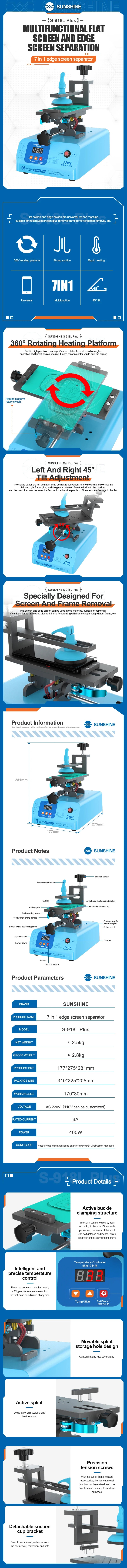 SUNSHINE S-918L Plus 7-in-1 Curved Screen Separator Edge Screen 360° Mobile Phone Heating Remove Screen Repair Tool