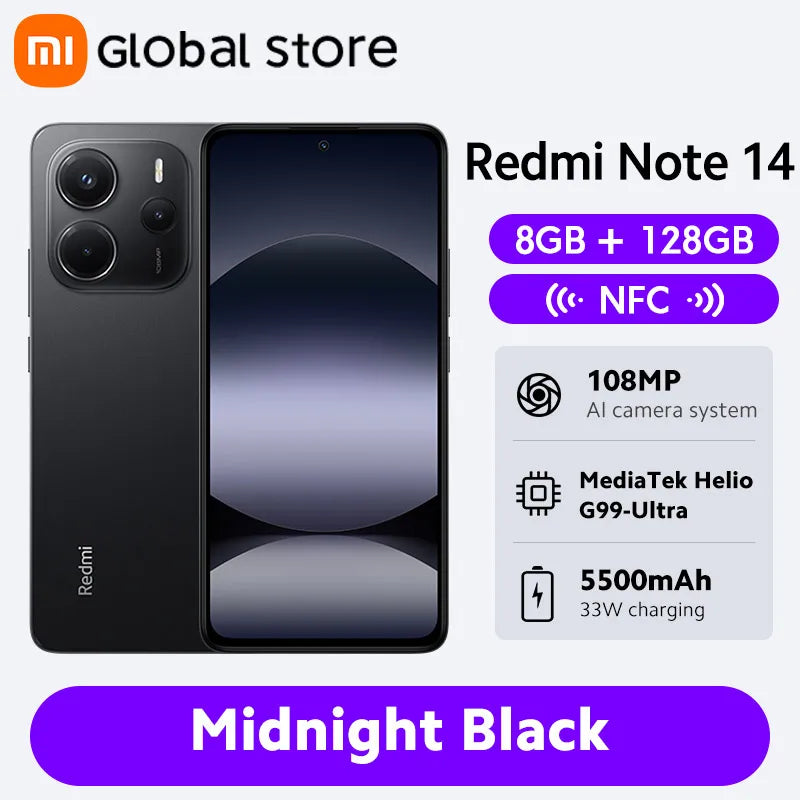 New Global Version Xiaomi Redmi Note 14 Smartphone 128GB / 256GB ROM MediaTek Helio G99-Ultra 33W120Hz AMOLED 108MP 5500mAh