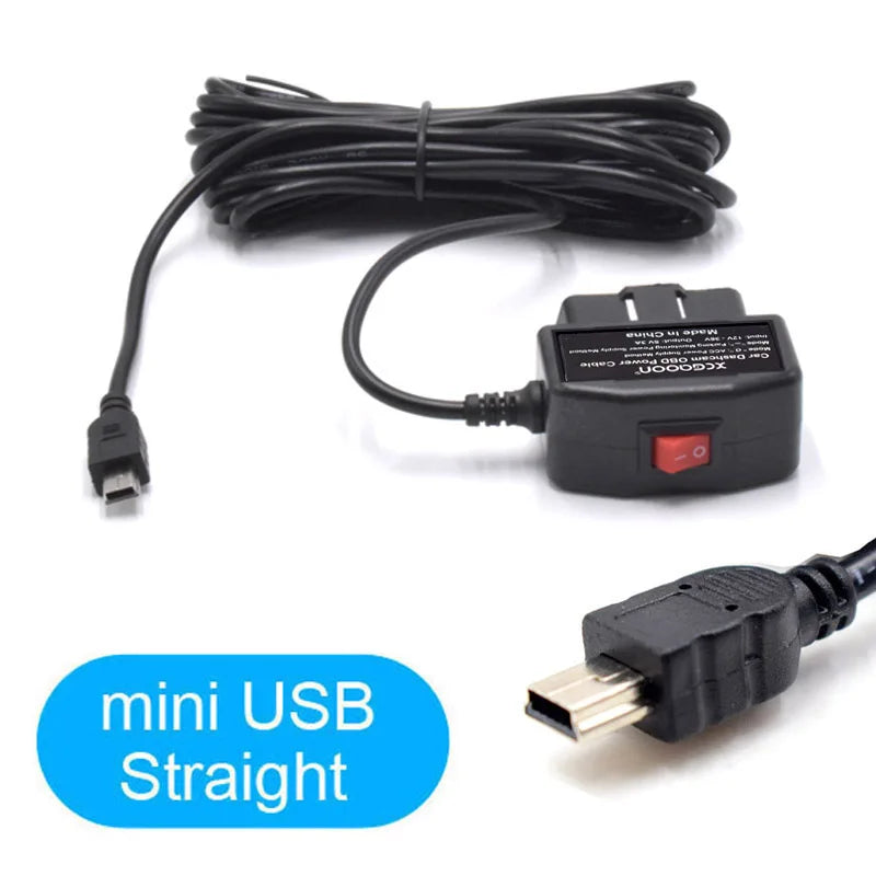 24Hours Mini Mico USB Ports 5V 3A Car Charge Cable OBD Hardwire Cord 3.5Meters With Switch For Dash Cam Camcorder Vehicle DVR