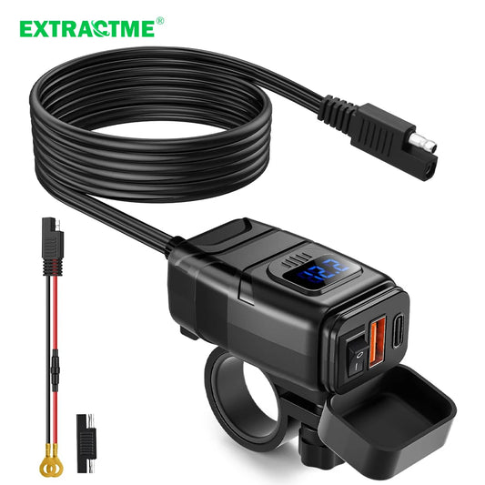 Extractme Motorcycle USB Fast Cellular Charger Waterproof Type C Port Socket Connector With LED Voltmeter Digital For Bike,Moto