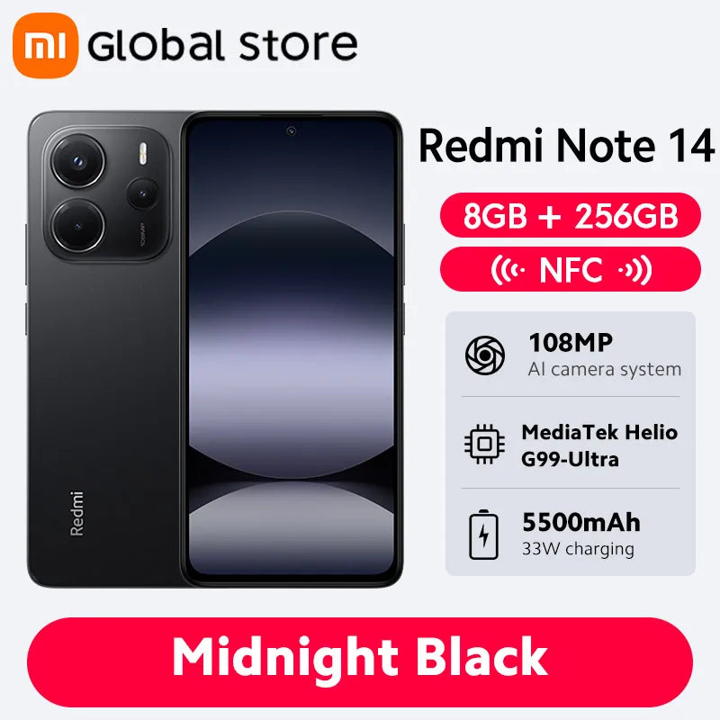 New Global Version Xiaomi Redmi Note 14 Smartphone 128GB / 256GB ROM MediaTek Helio G99-Ultra 33W120Hz AMOLED 108MP 5500mAh