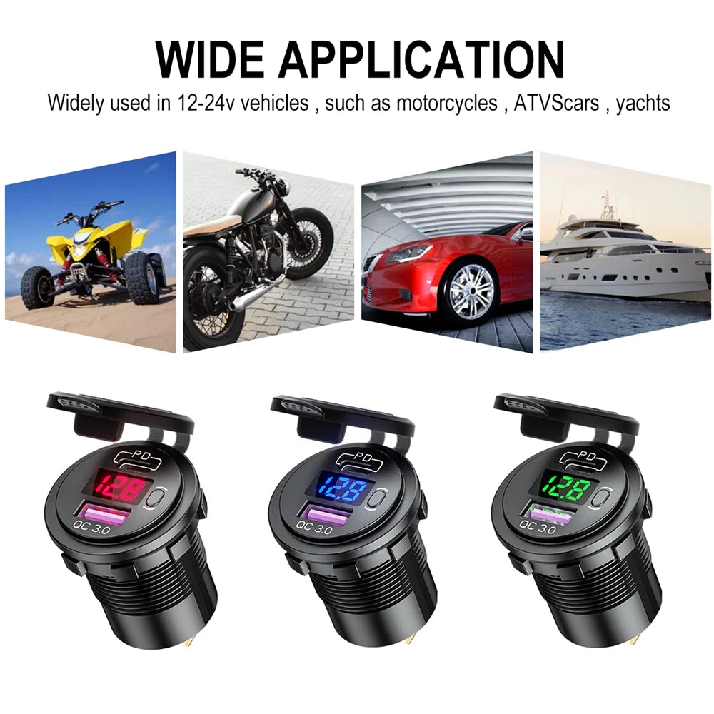 60W PD Type C/QC 3.0 USB Charger with button Switch LED Voltmeter Power Outlet Fast Charging for 12V 24V Car Truck Motorcycle RV