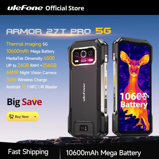 Ulefone Armor 27T Pro 5G Rugged Phone 10600mAh Android 14 Smartphone 50MP+64MP Night Camera 6.78" 120Hz 24GB+256GB NFC Mobile