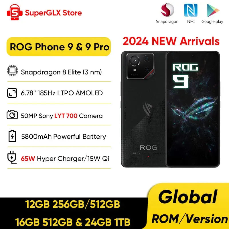 ROG Phone 9 & 9 Pro 5G Gaming Phone Snapdragon 8 Elite 6.78'' 185Hz E-Sports LTPO Display 50MP LYT 700 Camera 65W Fast Charging