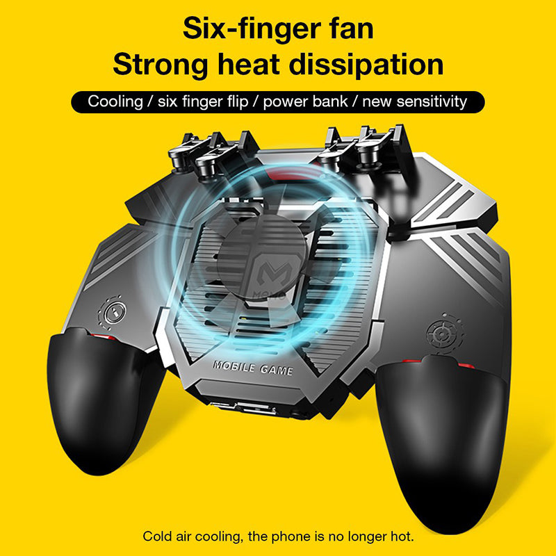 AK77 Pubg Mobile Game Controller 6 Fingers with Fan Pubg Trigger Gamepad Joystick for Android Ios Game Pad Movil with Battery