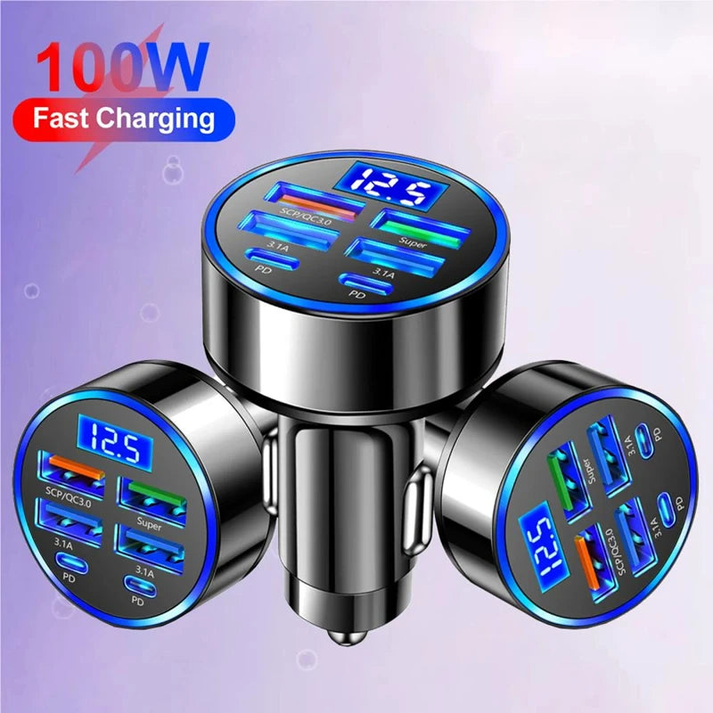 250W PD Car Charger QC3.0 Fast Charge 6-in-1 Car Cigarette Lighter Plug 5 Port Car Charger Flash Charge with Digital Display