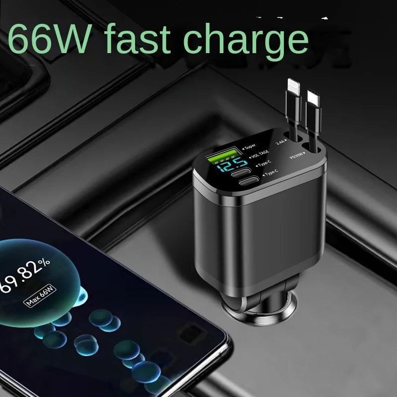 Car charger, car charger with retractable cable, car PD, car fast charging, super fast charging, flash charging, five in one cig