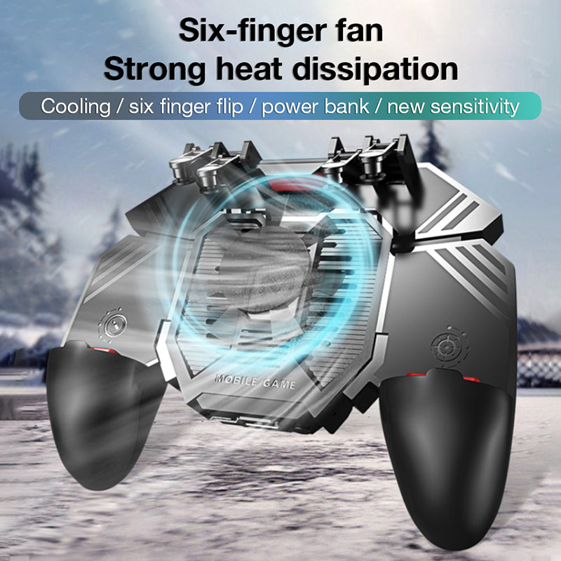 AK77 Pubg Mobile Game Controller 6 Fingers with Fan Pubg Trigger Gamepad Joystick for Android Ios Game Pad Movil with Battery