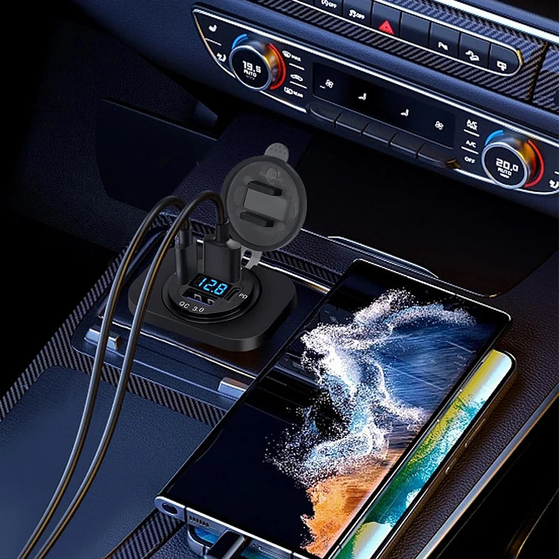 NEW 96W Dual PD Dual QC 3.0 USB Car Charger with Voltmeter Socket Power Outlet Adapter Waterproof for 12V/24V Car Boat Hot Sale