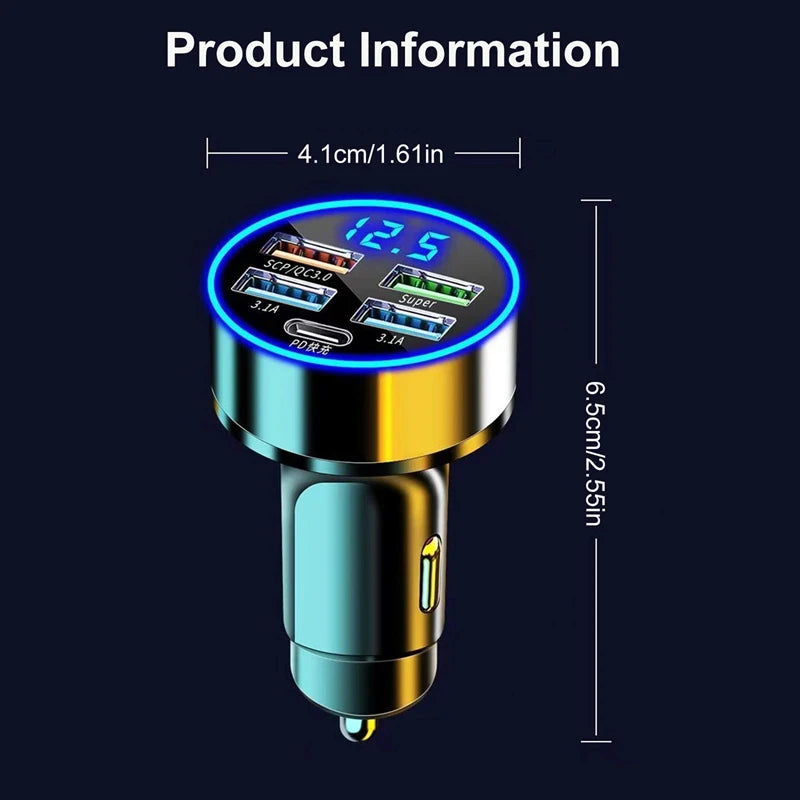 250W PD Car Charger QC3.0 Fast Charge 6-in-1 Car Cigarette Lighter Plug 5 Port Car Charger Flash Charge with Digital Display