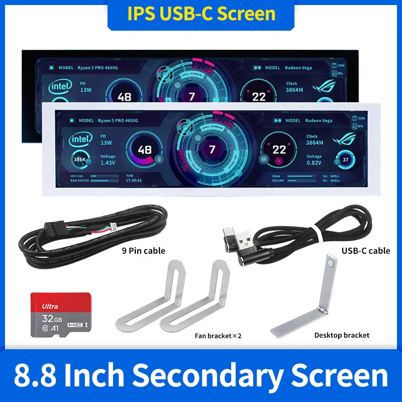 8.8 Inch IPS USB Secondary Screen Type-C PH Interface Turing Smart Screen CPU GPU RAM Computer Monitor Use TURZX Software