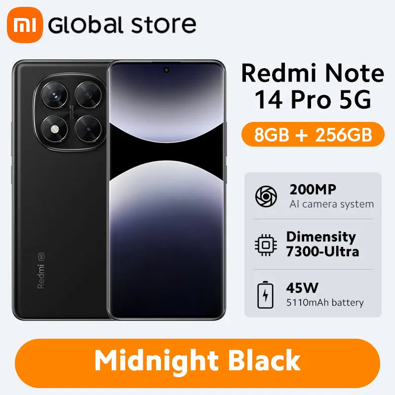 Global Version Xiaomi Redmi Note 14 Pro 5G 256GB / 512GB ROM MediaTek Dimensity 7300-Ultra 200MP Camera 5110mAh 6.67" AMOLED 45W