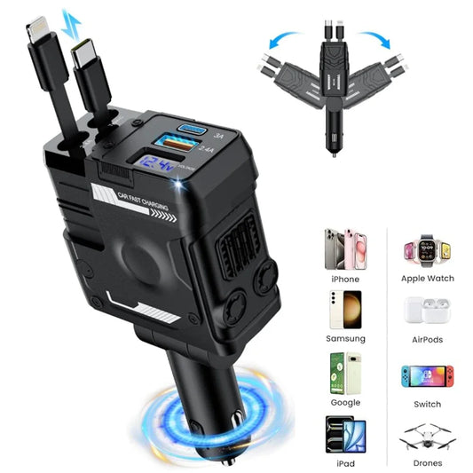 Retractable Car Charger, 66W 4-in-1 Super Fast Charging Car Phone Charger with Retractable Cable 2 USB Port Adapter for iPhone