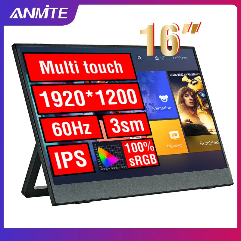 Anmite 16-Inch Portable Touch Monitor 1200P HDR 16:10 Low Blue Light For XBox PS4 / 5 Switch Cell Phone PC Loptop Extension