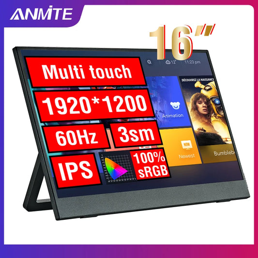 Anmite 16-Inch Portable Touch Monitor 1200P HDR 16:10 Low Blue Light For XBox PS4 / 5 Switch Cell Phone PC Loptop Extension