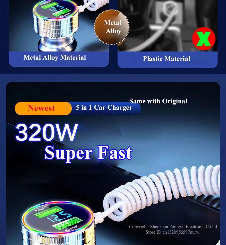 320W USB Car Charger 5 in 1 Fast Chariging Phone Adapter for iPhone 14 Pro Max Apple 13 12 11 Samsung Huawei OPPO Oneplus Xiaomi