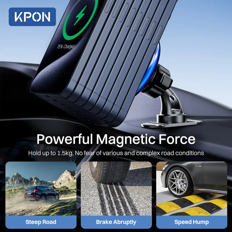 KPON Magnetic Car Phone Holder Wareless Charging Adjustable 360° 15W Air Vent Universal  for iPhone 14 15 16 Smartphone  Stand