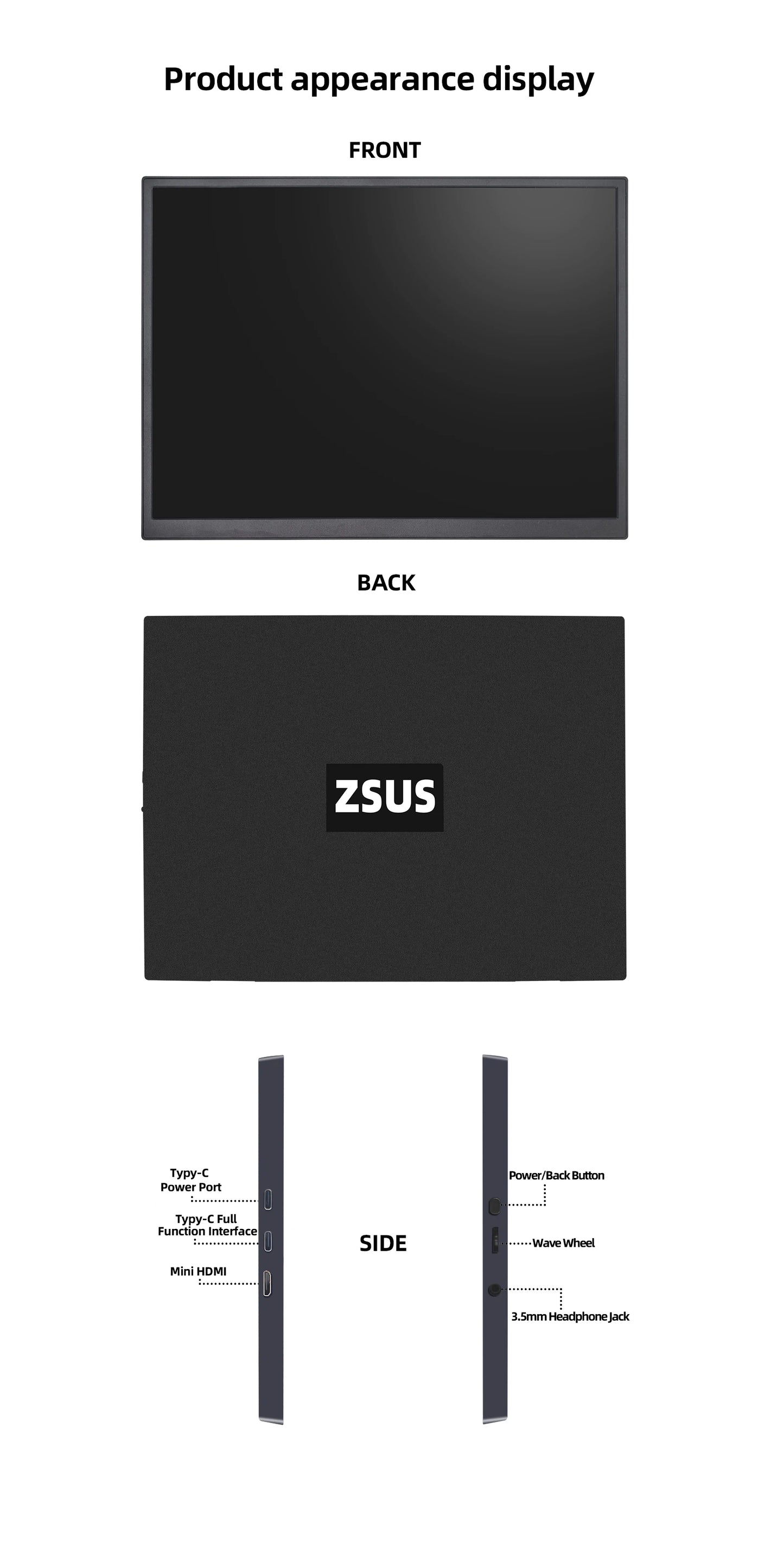 ZSUS 10.5-Inch Portable Monitor 1280P 100%sRGB 15:10 Low Blue Light For XBox PS4 / 5 Switch Cell Phone PC Loptop Extension