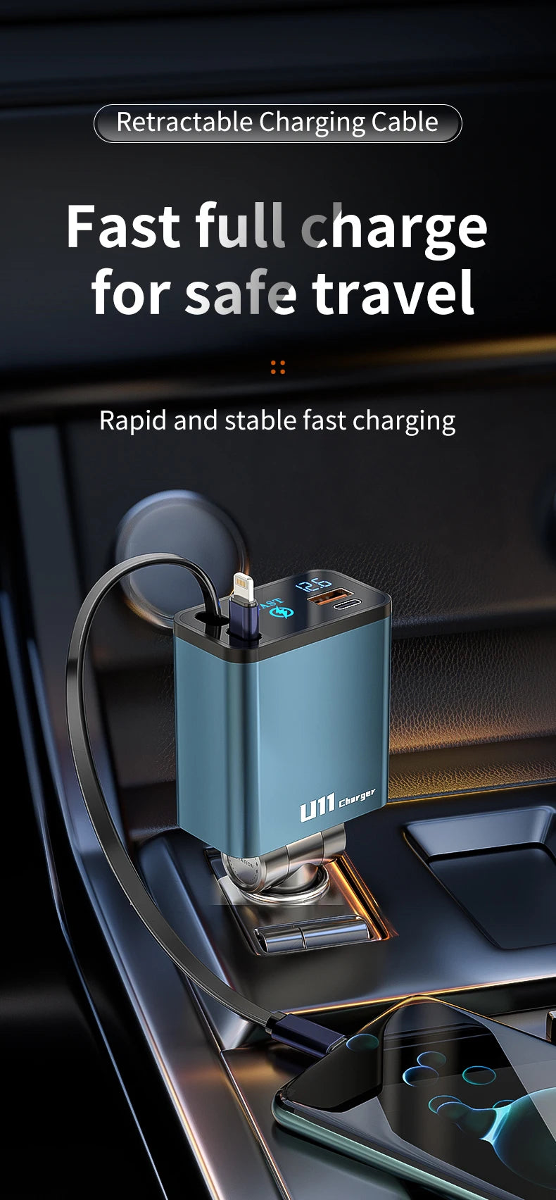 4 in 1 100W Car Charger Retractable Car Cigarette Lighter Adapter USB Type C Fast Charger Cable For IPhone Xiaomi Huawei Samsung