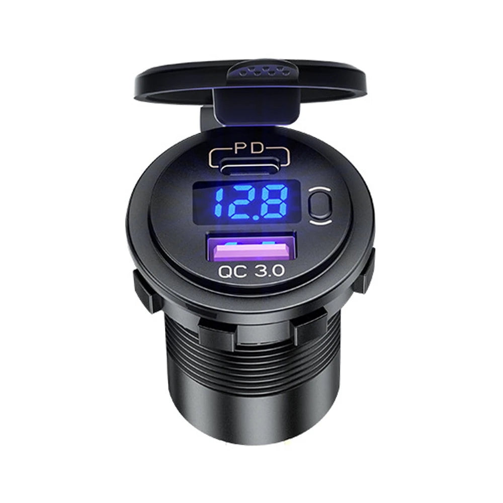 60W PD Type C/QC 3.0 USB Charger with button Switch LED Voltmeter Power Outlet Fast Charging for 12V 24V Car Truck Motorcycle RV