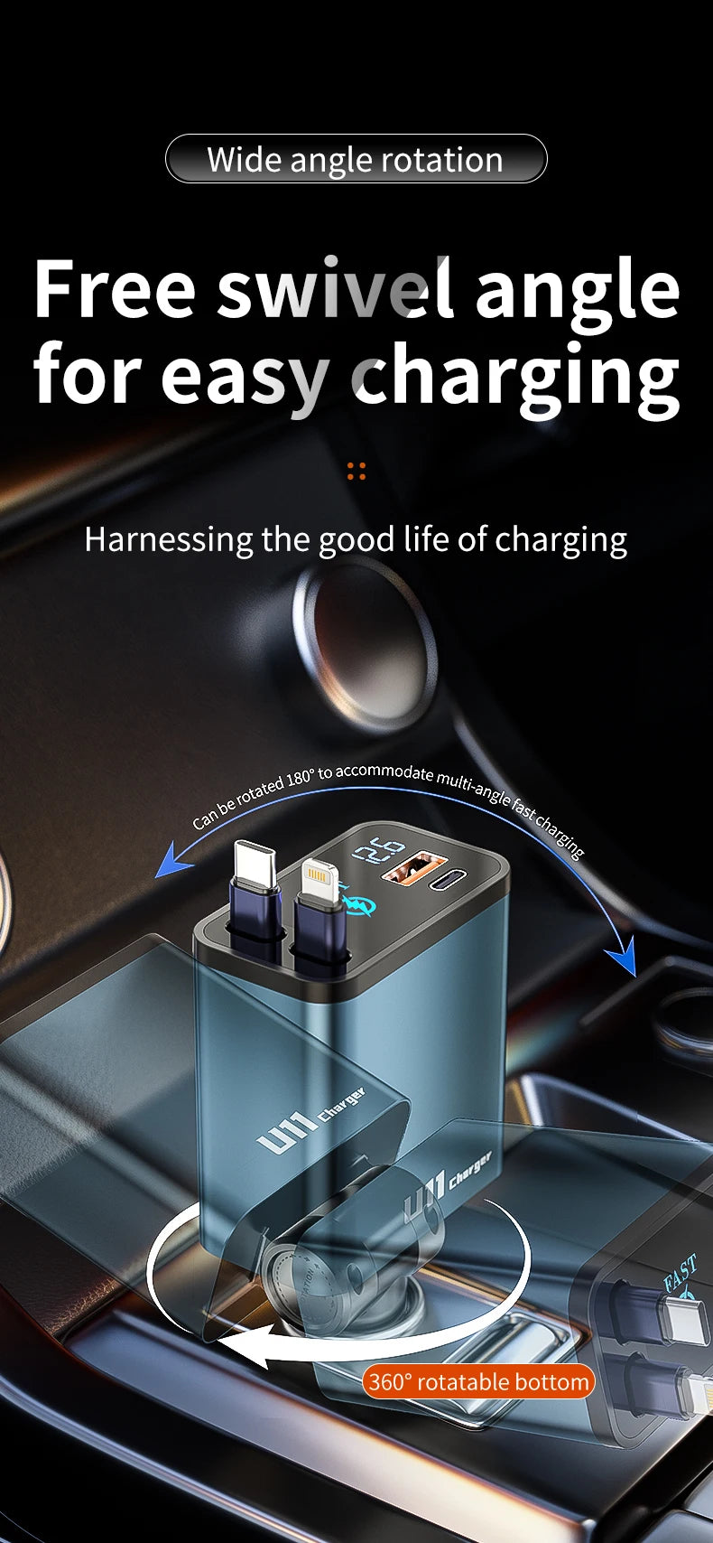 4 in 1 100W Car Charger Retractable Car Cigarette Lighter Adapter USB Type C Fast Charger Cable For IPhone Xiaomi Huawei Samsung