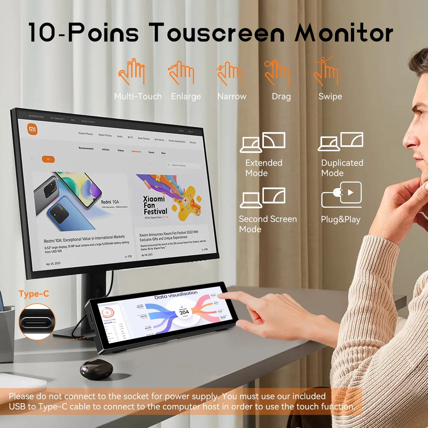 8.8 inch HDMI Touch Long Wide Monitor With Case PC Temperature Display PC Sensor Panel Display Small Extender Monitor