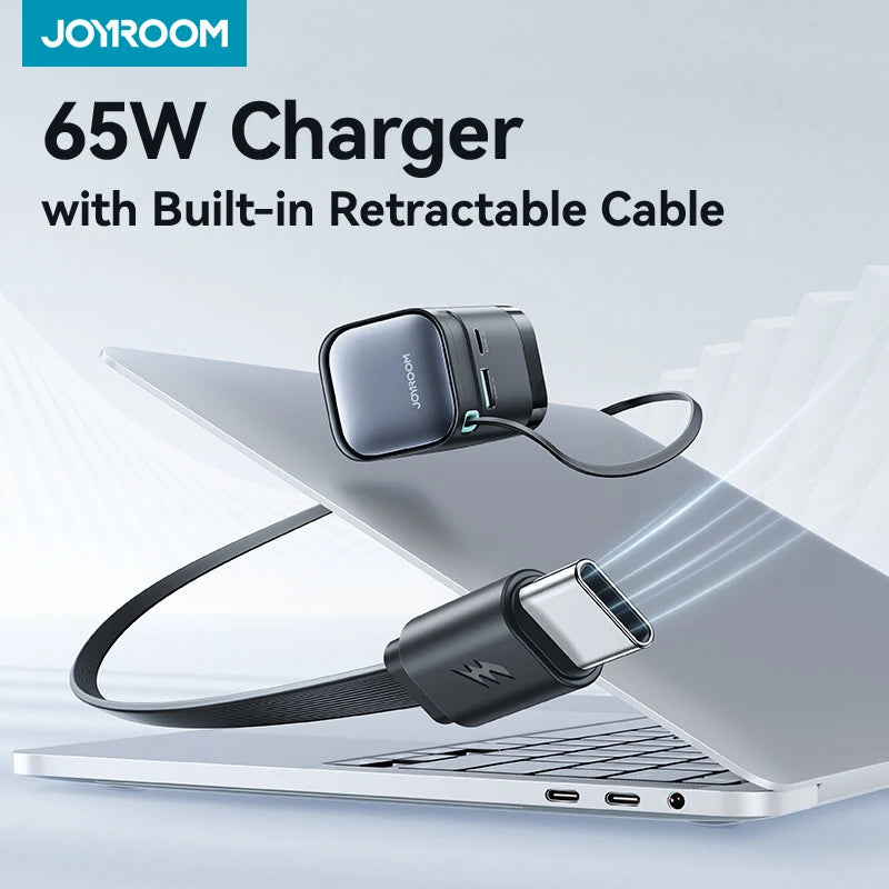 Joyroom PD 3.0 65W GaN Charger with Retractable USB C Cable Desktop Charger EU Plug Fast Charging For iPhone 16 15 Tablet Laptop