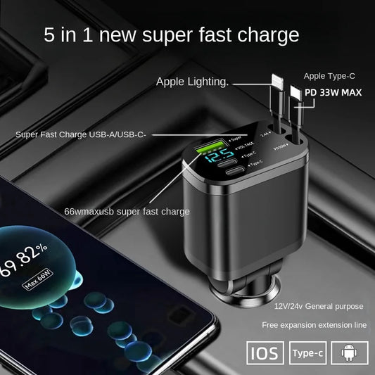 Car charger, car charger with retractable cable, car PD, car fast charging, super fast charging, flash charging, five in one cig