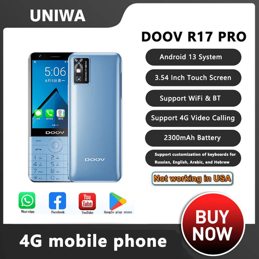 UNIWA DOOV R17 Pro Smart Mobile Phone Touch Screen 4G Whatsapp Android 13 Keypad Phones 3.54" 4GB 64GB 2300mAh Hebrew keyboard