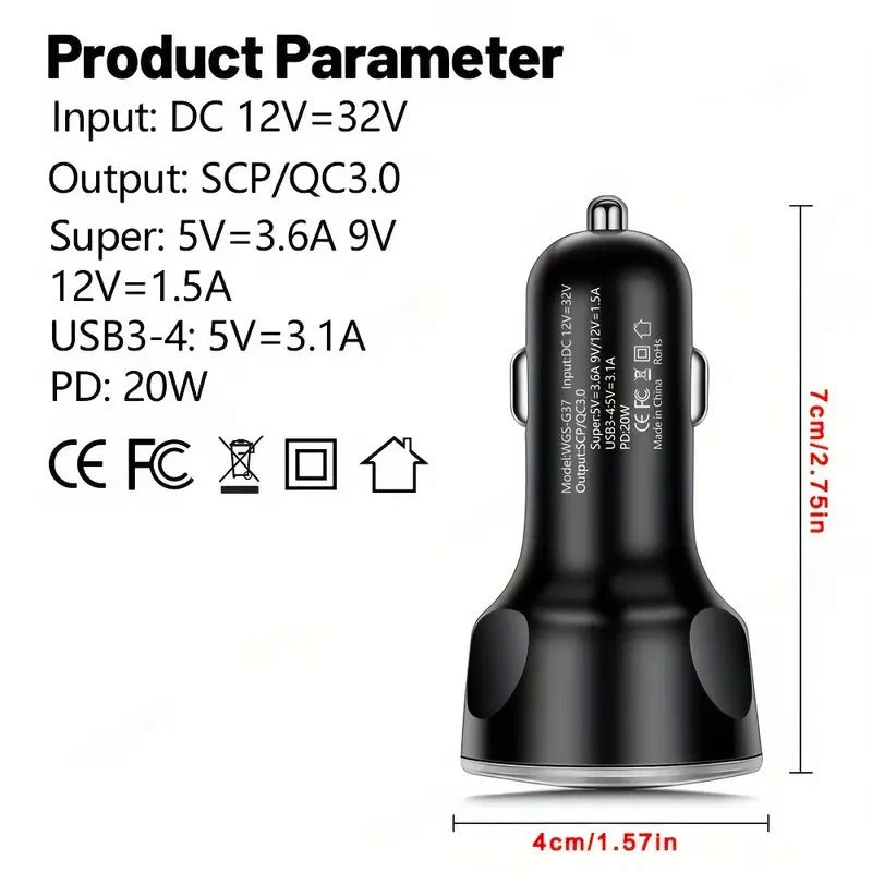 250W 5 in 1 USB Car Charger Type C PD 12V Cigar Jack Fast Charging Adapter for iPhone 12 Pro Max 14 Plus 13 Huawei Oneplus