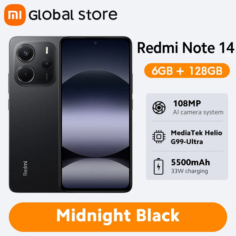 New Global Version Xiaomi Redmi Note 14 Smartphone 128GB / 256GB ROM MediaTek Helio G99-Ultra 33W120Hz AMOLED 108MP 5500mAh