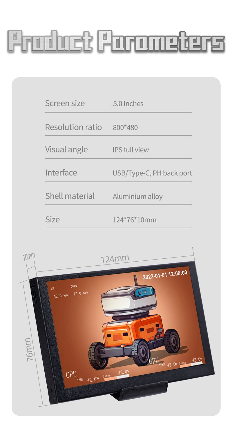 5 Inch IPS USB Secondary Screen 800x480 Type-C LCD Computer Hardware Monitor Music Spectrum Analysis Display No AIDA64