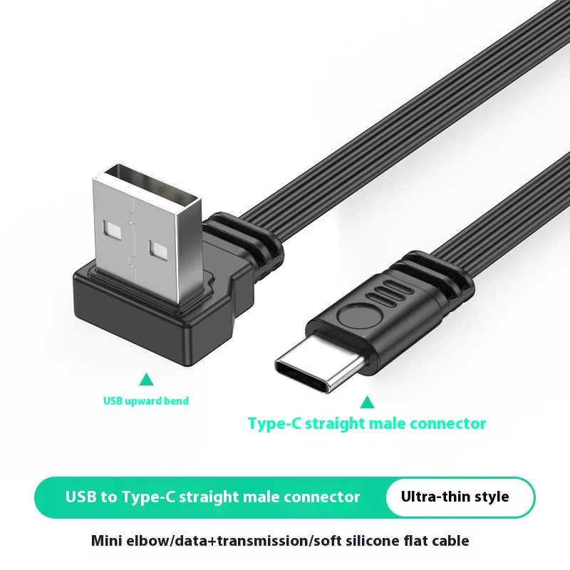 USB to TypeC data cable with left and right bend wires 2.0 transmission, 2A power supply, TypeC flat silicone cable