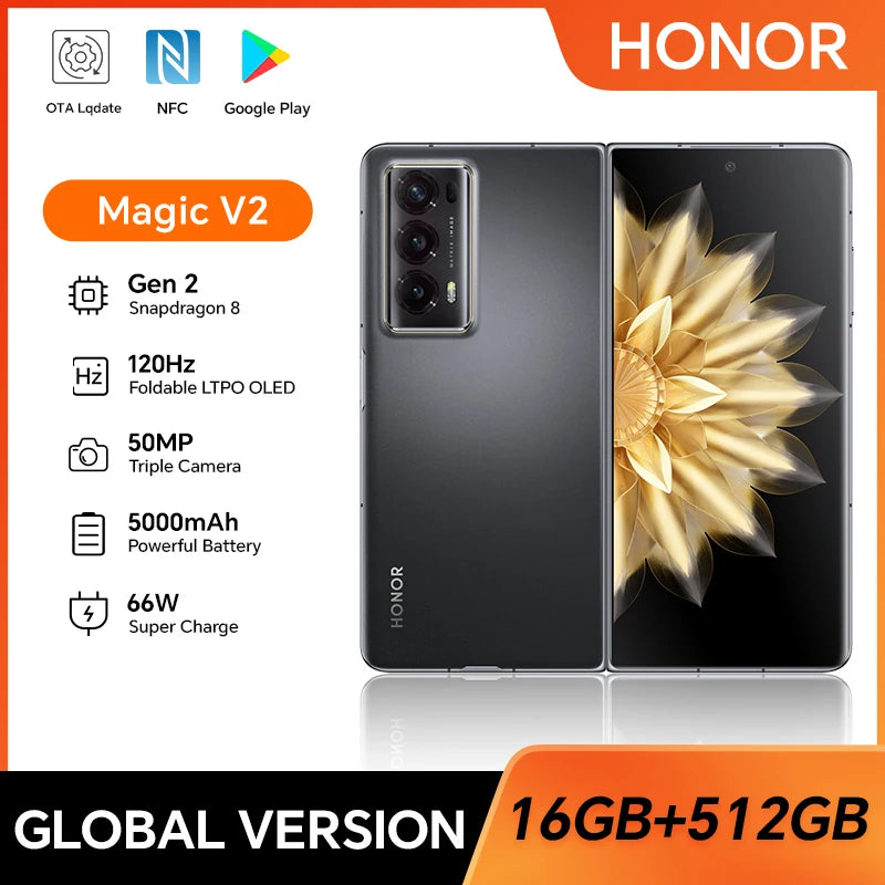 HONOR Magic V2 5G, 16GB+512GB, 7.92” Foldable Screen, Dual SIM, 50MP Triple Camera, Fast Charging, Android SmartPhone