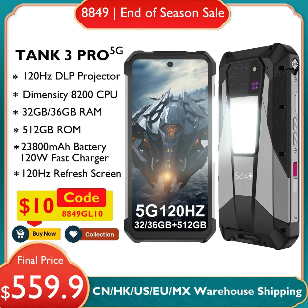 EU MX Warehouse 8849 Tank 3 Pro by Unihertz Rugged Smartphone 5G with 100 Lumens Projector 32/36GB 512GB 23800mAh Cell Phones