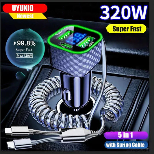 UYUXIO 5 in 1 USB C Car Phone Charger Adapter with Voltage Display Spring Cable Super Fast for iPhone 16 15 Pro Max Samsung